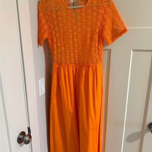 Never Fully Dressed Orange Lace Midi Dress